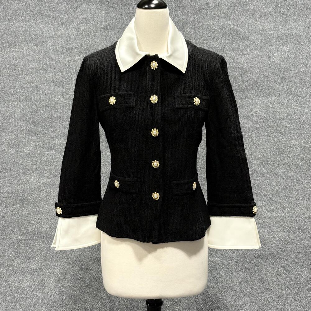 St. John Boutiques Jacket Womens 8 Caviar Black Pearl Buttons Collar Made USA